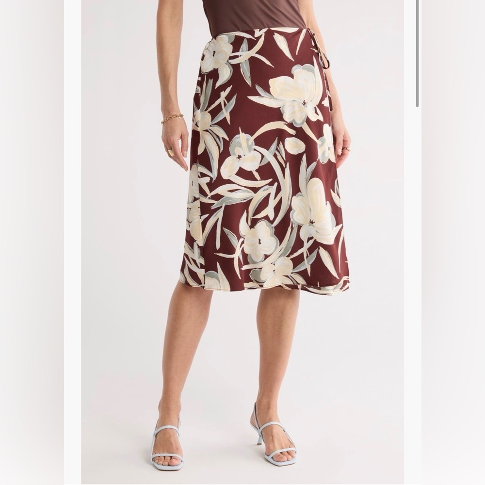 Nordstrom Rack Floral Midi Wrap Skirt in Burgundy & Cream Women’s Size XL - Picture 1 of 16